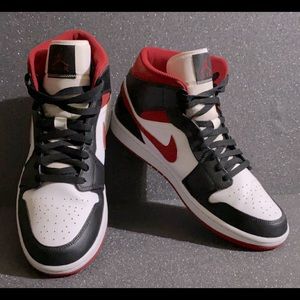 Red black and white Air Jordan Mid 1s, size 11 1/2